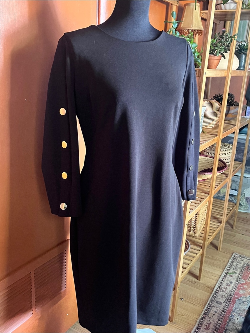 Tommy Hilfiger Black Long-Sleeve Shift Dress with Gold Buttons